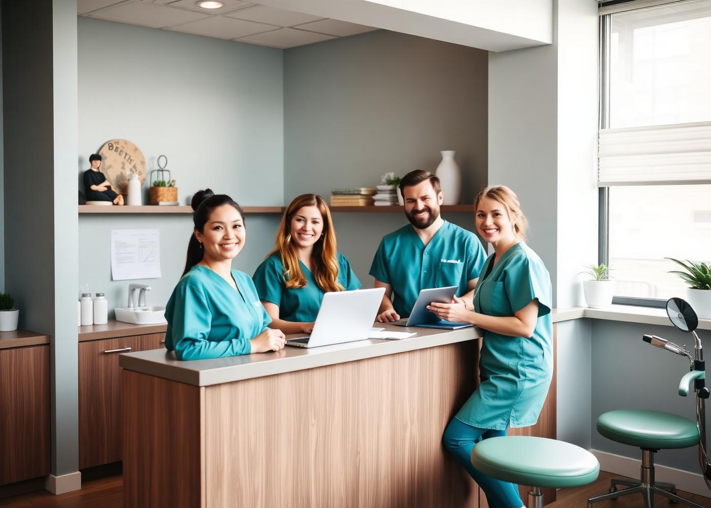 Dental team collaborating at the front desk of a modern clinic