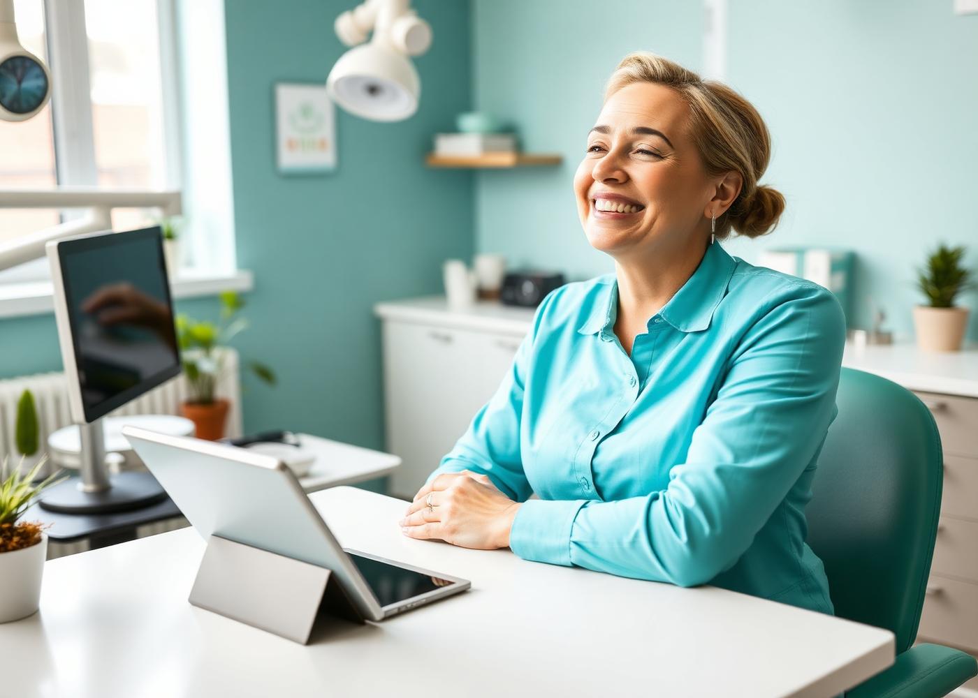 Dental office manager relaxed at a tidy front desk with a tablet