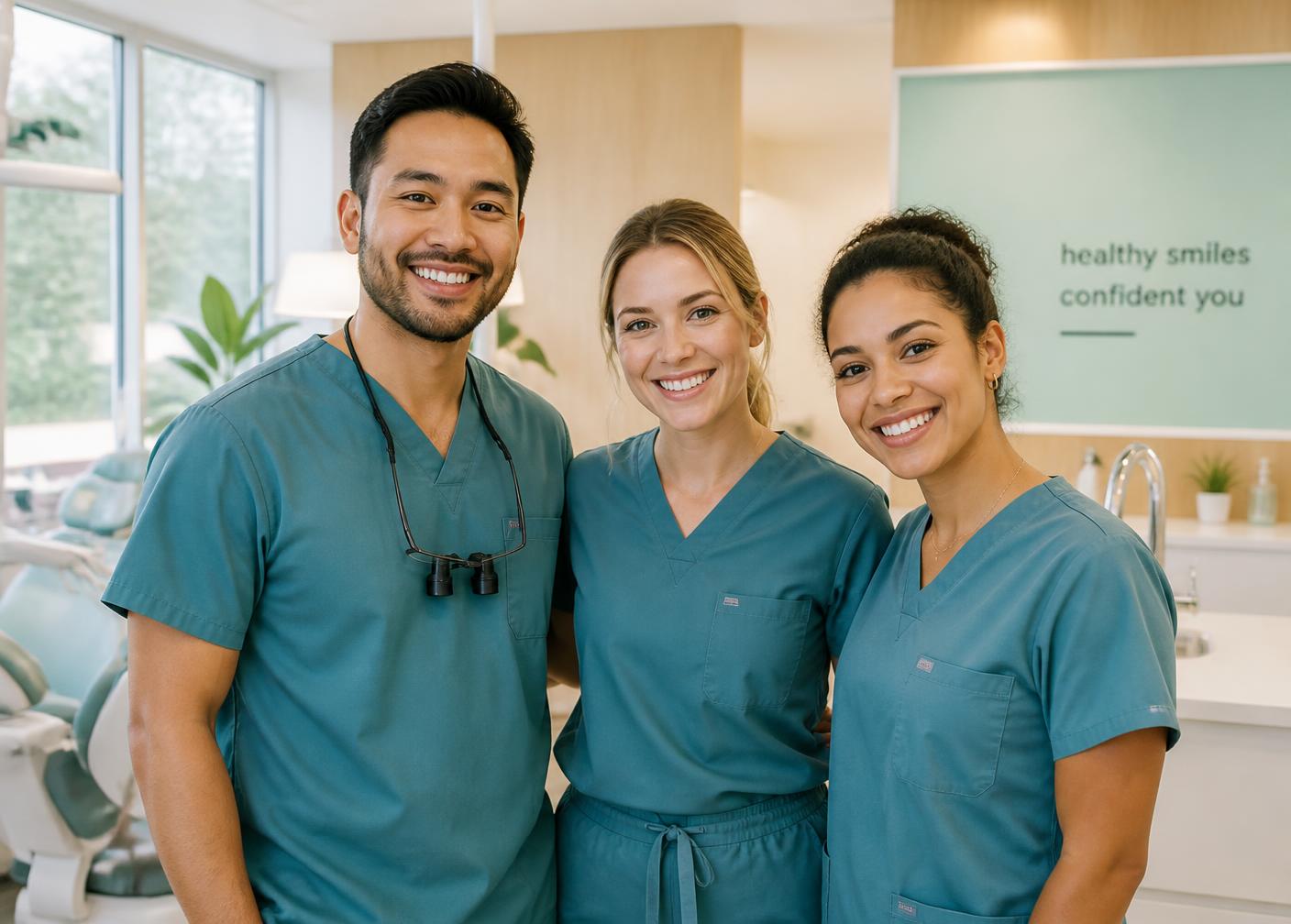Dentist, dental hygienist and dental assistant smiling together in a modern dental clinic