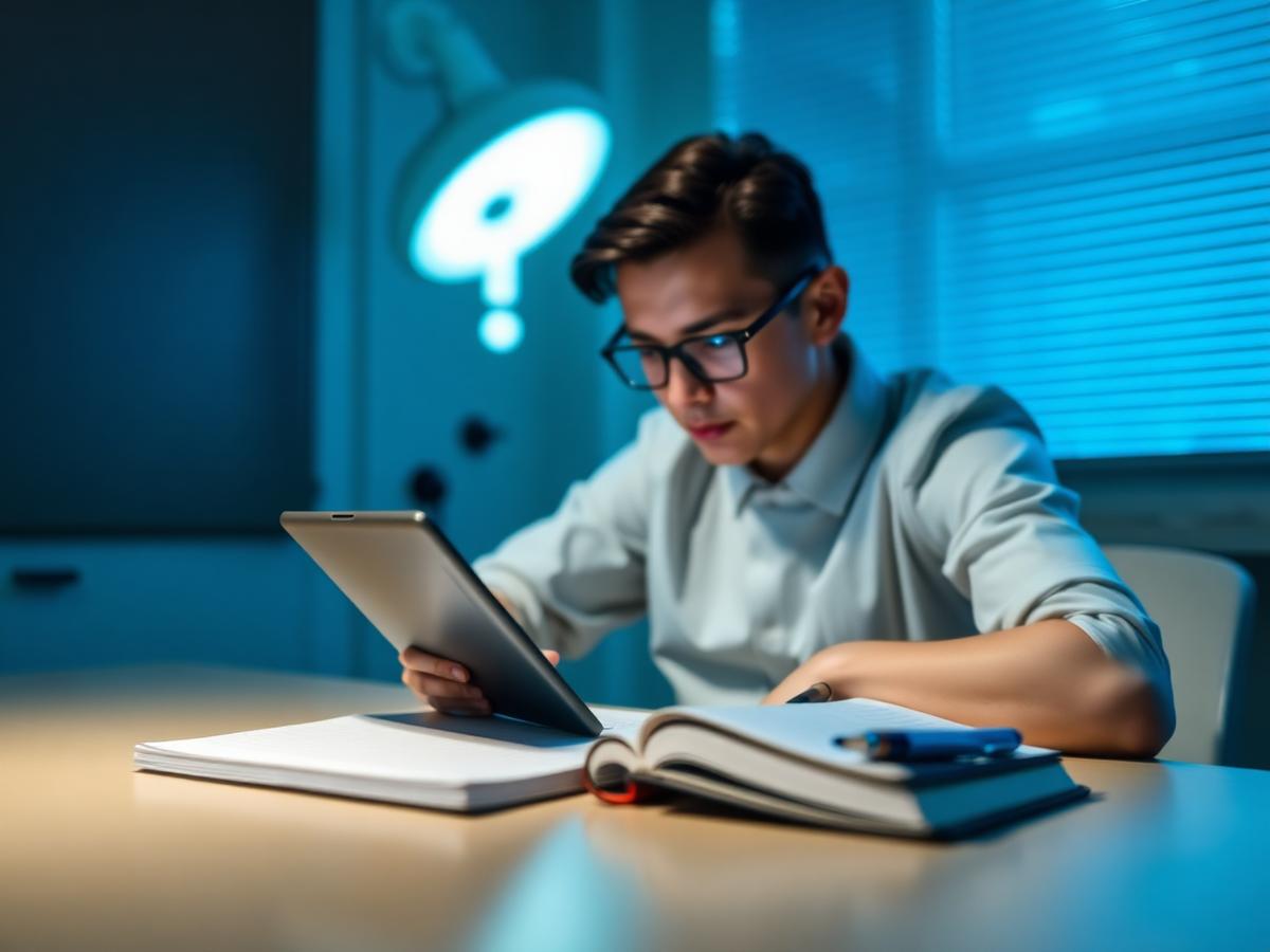 Dental student practising exam questions on a tablet