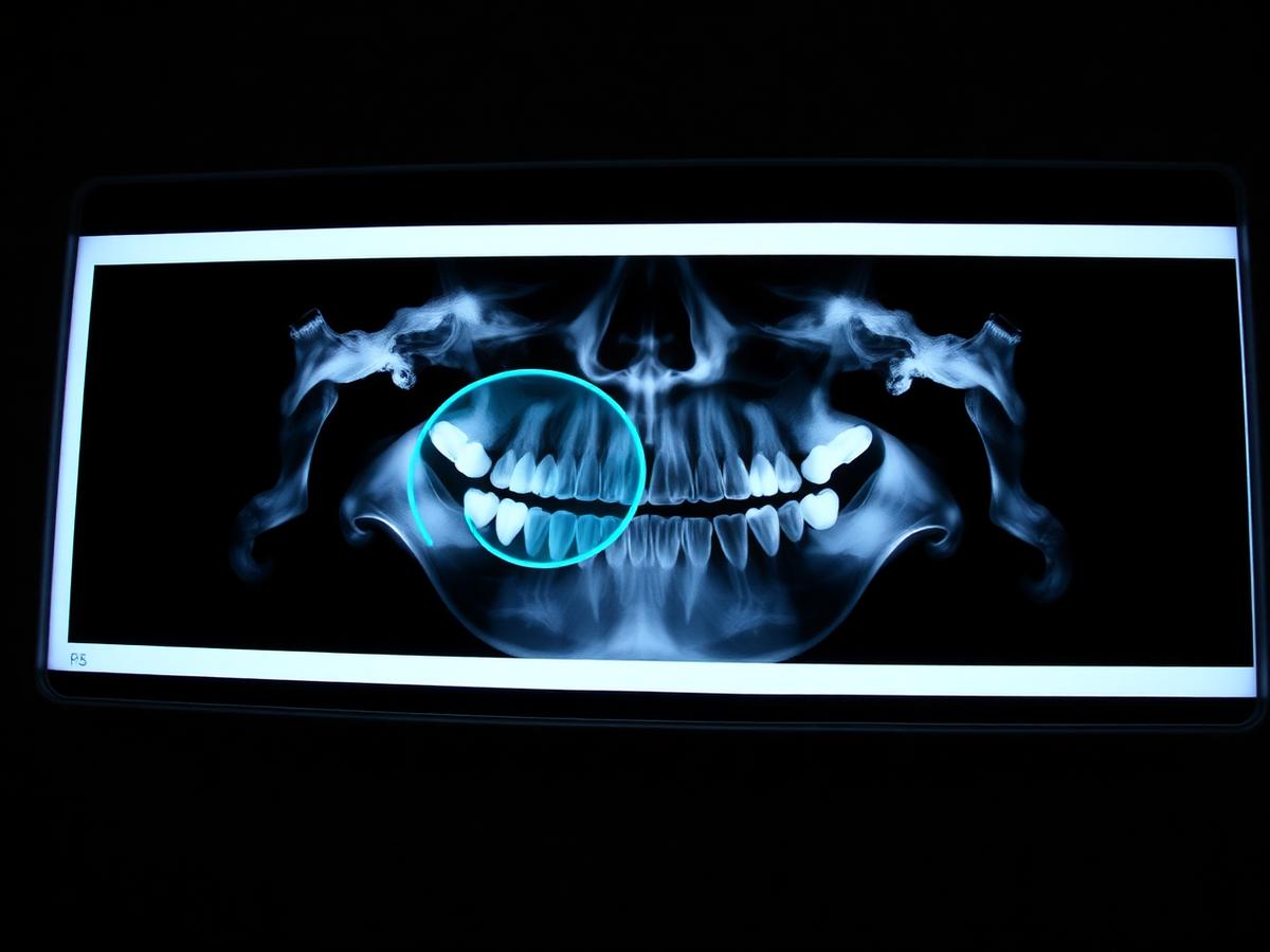Panoramic dental radiograph on a lightbox with a highlighted region
